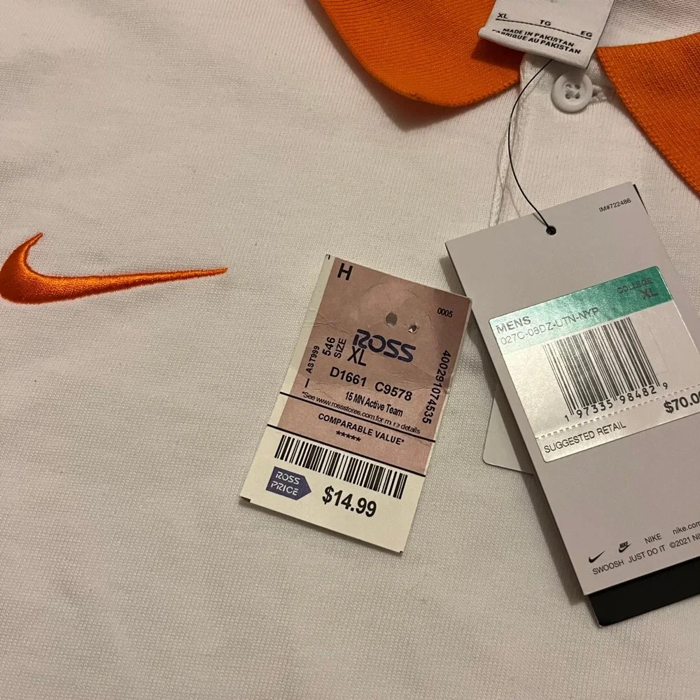 Nike Tennessee‎ Volunteers Polo Shirt Men XL White Orange Collar New